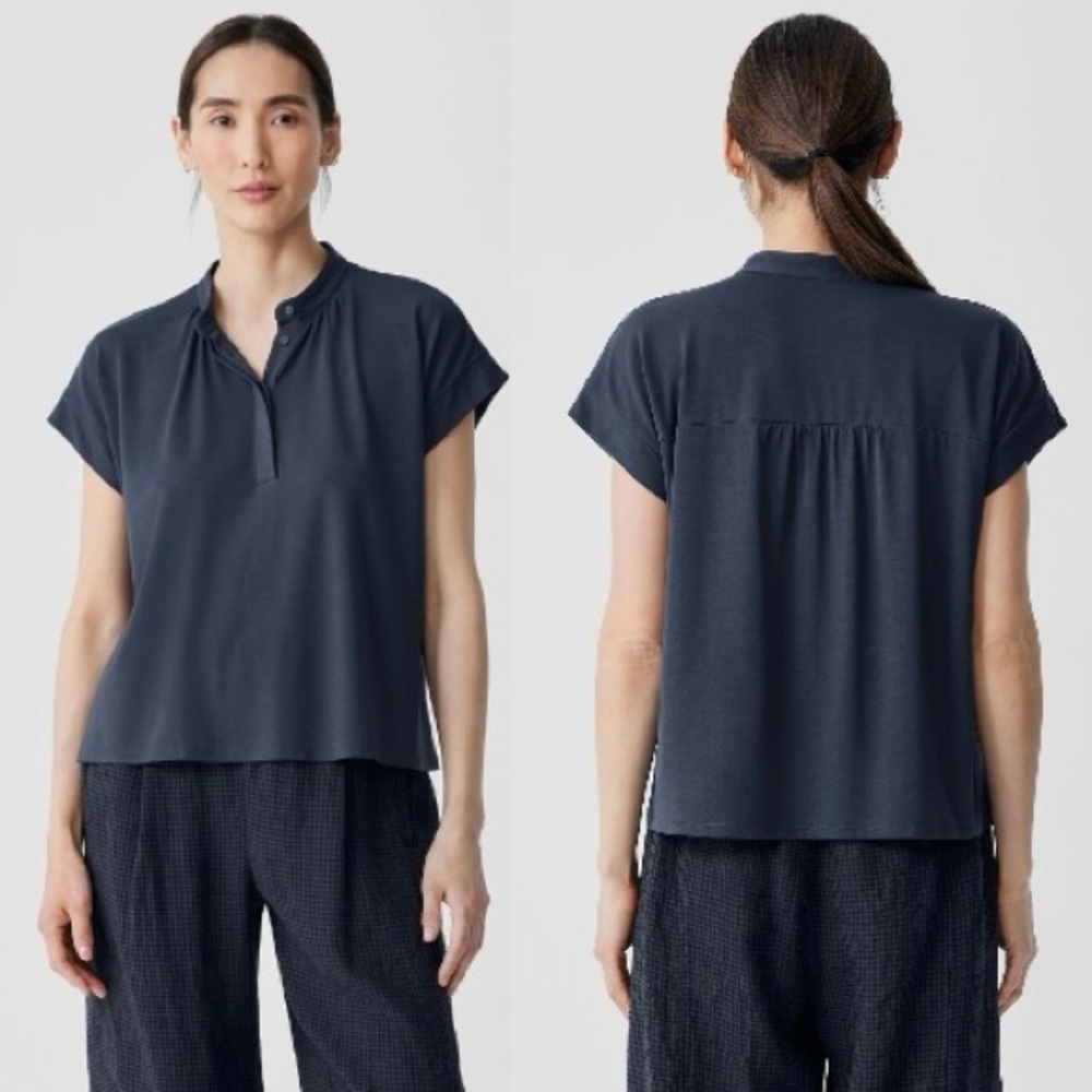 Eileen Fisher Fine Jersey Band Collar Top Navy Blue Size L